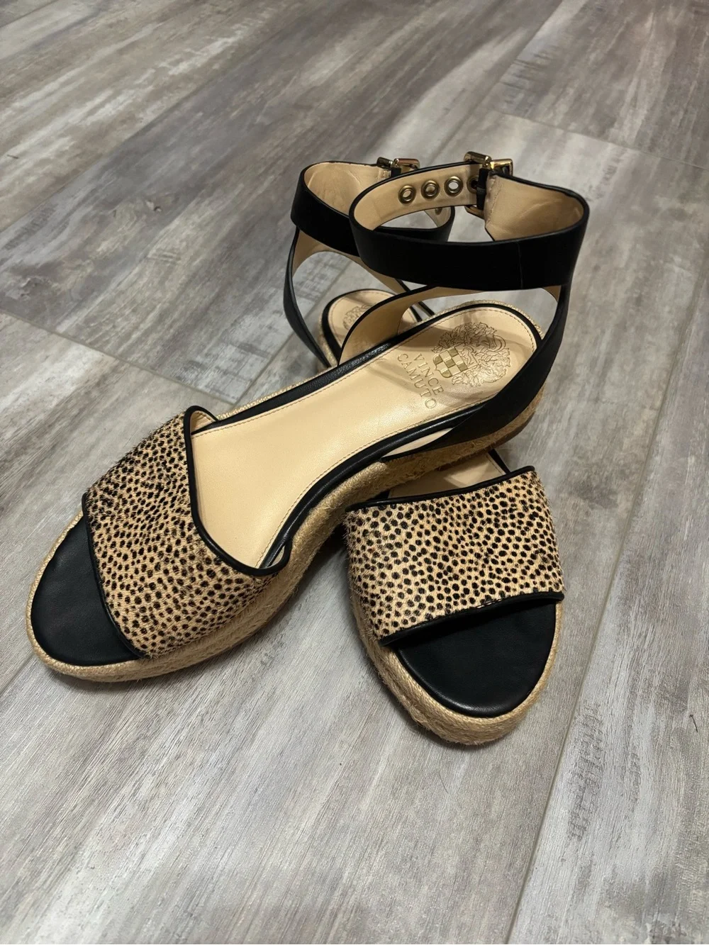 Vince Camuto Leopard-Print Espadrille Wedges with Black Ankle Strap